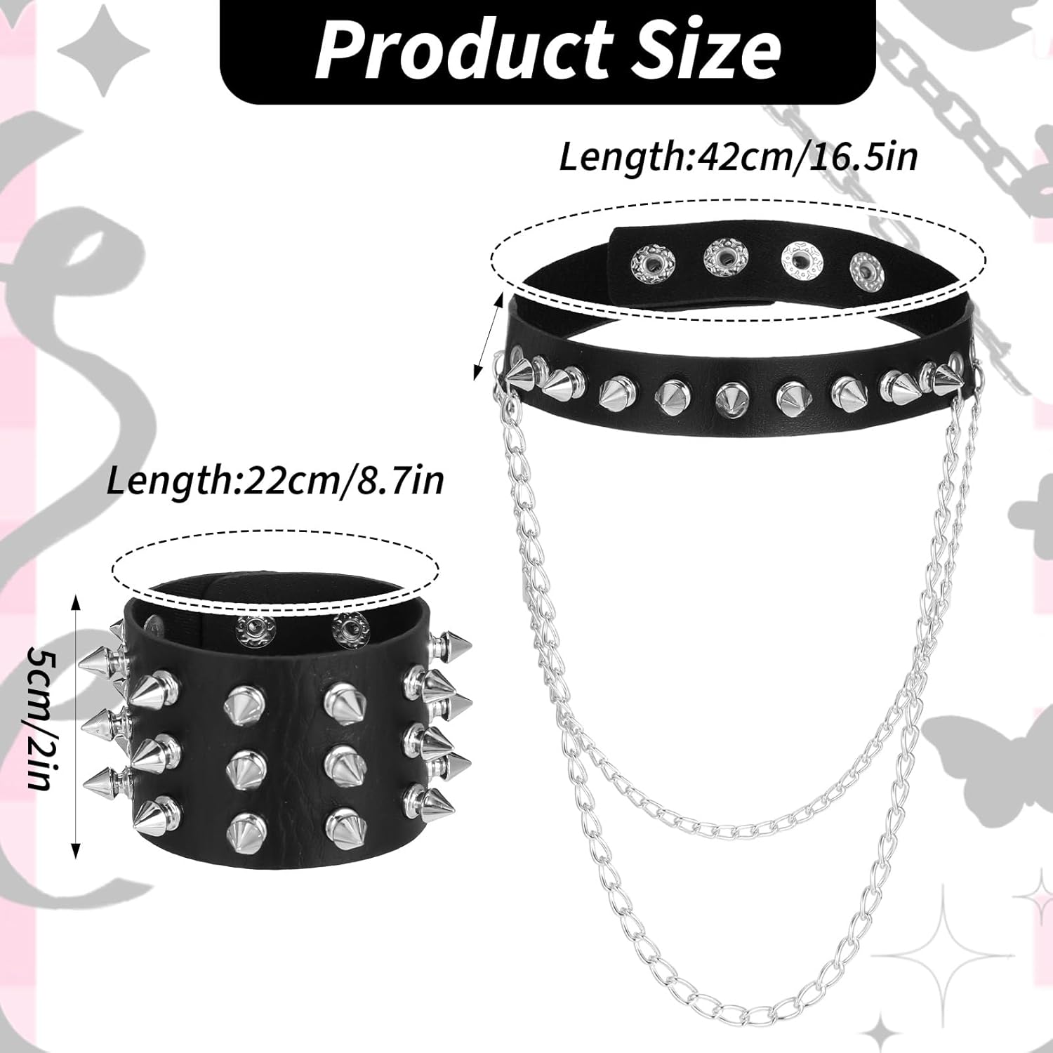 3 Pcs Leather Spiked Choker Spiked Bracelets Studded Choker Studded Bracelet Cuffs Set Goth Collar Accessories Puck Rock Outfits for Men Women - Image 2