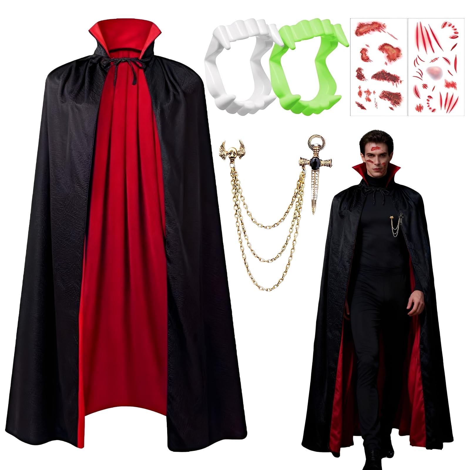 Vampir-Kostüm Set für Erwachsene – Umhang (150 cm), Zähne, Brosche & Tattoos