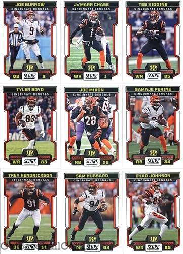Juego de 9 cartas del veterano veterano Cincinnati Bengals Team de 2023 Joe Burrow (#196), Ja'Marr Chase(#197), Tee Higgins (#198), Tyler Boyd