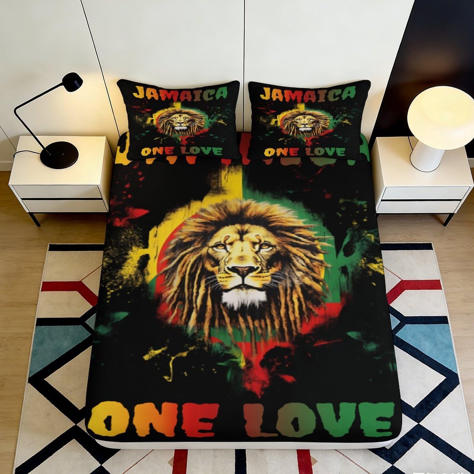 3D Printed Jamaica Lion Fitted Sheet Microfiber Soft Breathable Rasta Colors Bed Cover for Bedroom Dormitory Guest Room Mattress Protection 90x200x25cm