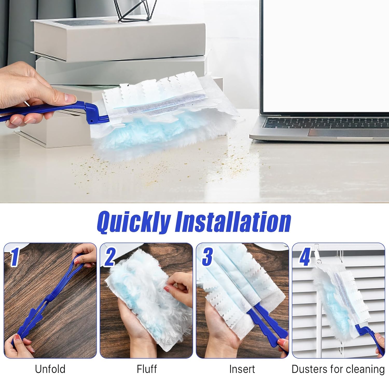 100 Pcs Duster Refills Bulk, Thickened Duster Refill Electrostatic Duster Head, Duster Refills for Cleaning with 4 Handles, Disposable Duster Refills for Cleaning Blinds, Ceiling Fans(Blue)