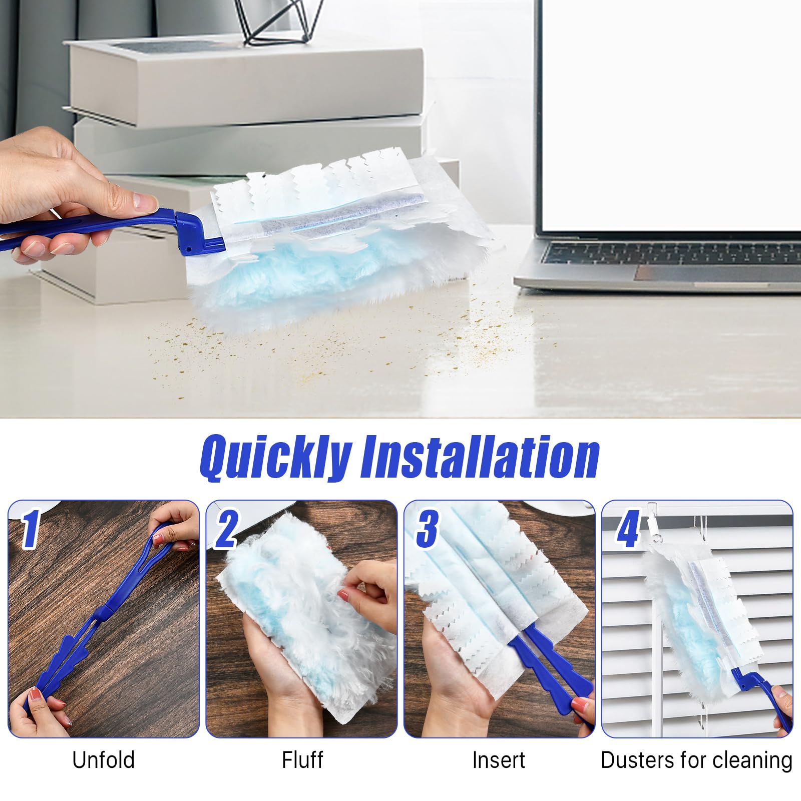 Recambio de plumero, 100 piezas de fibra azul, repuesto desechable para limpieza del hogar, oficina, persianas, ventiladores de techo, muebles (sin superficies rayadas), asas de plástico