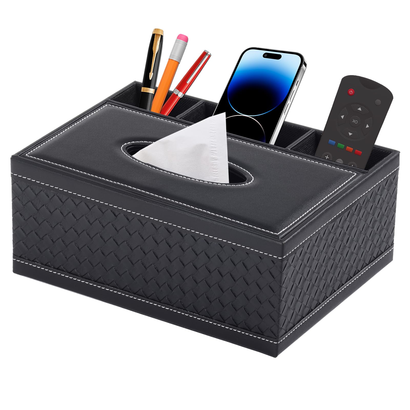 XNONE PU Leather Tissue Box Cover Rectangle Household Large Tissue Box Holder with Remote Control Holder-Office Desk Storage Box-Stylish Multifunctional Stationery/Napkin Organizer (Black Weave)