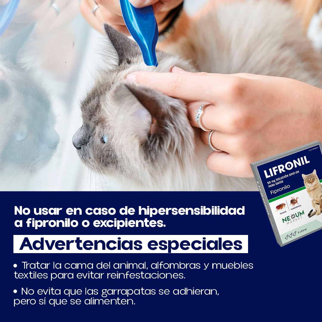 Pipetas Gatos LIFRONIL x3 Pipetas contra Pulgas y Garrapatas | Apto para Todo Tipo de Gatos a Partir de 2 Meses y más de 1 kg de Peso | Protección hasta 5 Semanas | Nexum Market (Pack de 1 Unidad)