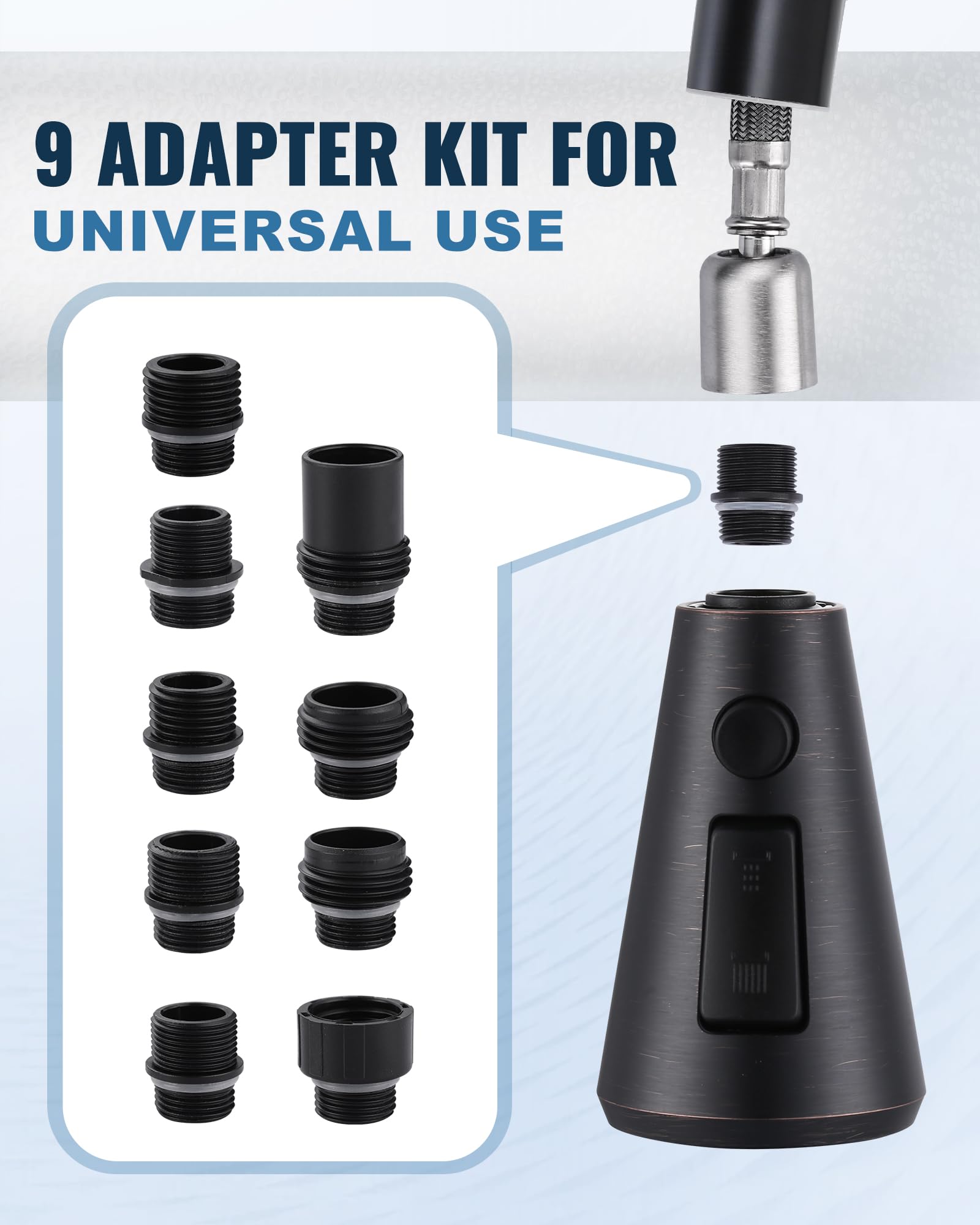 Cabezal de pulverización extraíble de repuesto para grifo de cocina con 9 adaptadores, boquilla de pulverización extraíble de 3 funciones compatible con Moen, grifos estándar americanos, bronce