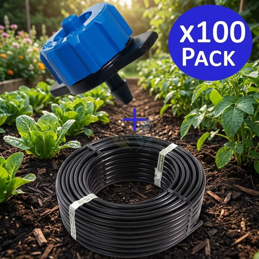 Suinga - Tubo a goccia, 16 mm x 100 m, colore nero + 100 gocciolatori autocompensanti 8 l/h rimovibili.