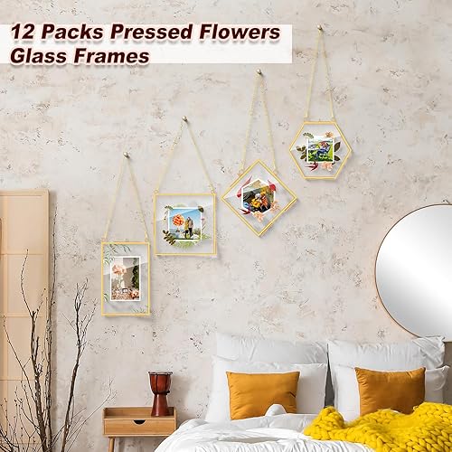 Miniatura 7 de 12 marcos de vidrio de latón para flores prensadas, marcos de fotos colgantes con cadena, marco de vidrio doble transparente, marco flotante dorado,