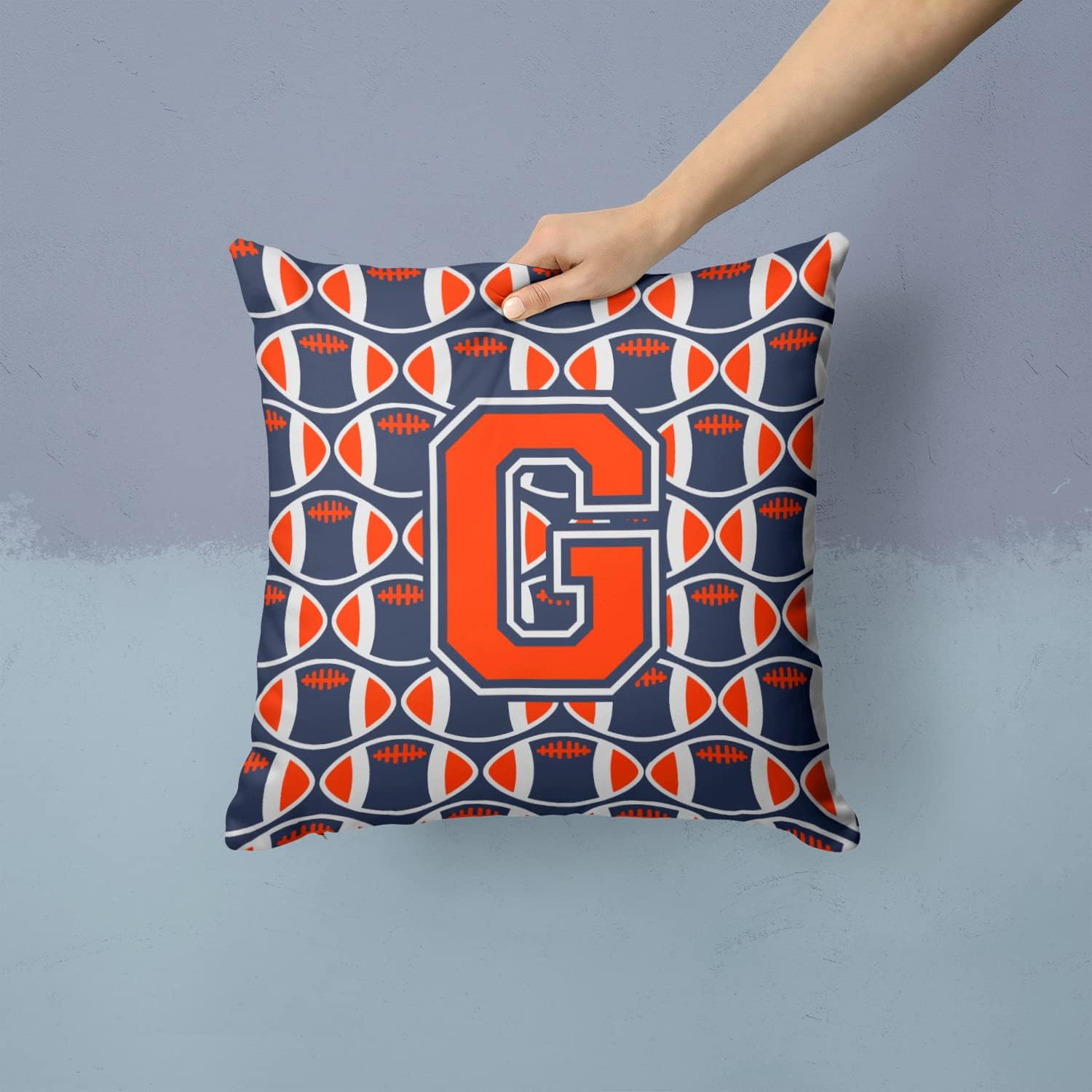 Caroline's Treasures CJ1066-GPW1414 Letter G Football Orange, Blue and White Fabric Decorative Pillow 100% Machine Washable Pillow, Indoor or Outdoor Decorative Throw Pillow for Couch, Bed or Patio
