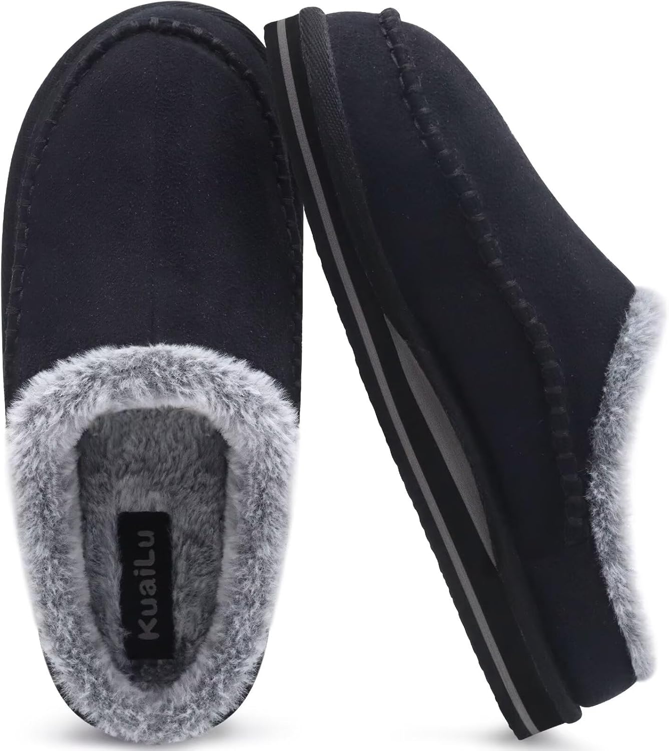 KuaiLu Mens Clog Slippers with Arch Support Suede Faux Fur Memory Foam Warm House Shoes Comfortable Slip-on Mans Bedroom Indoor Outdoor Slippers Rubber Sole