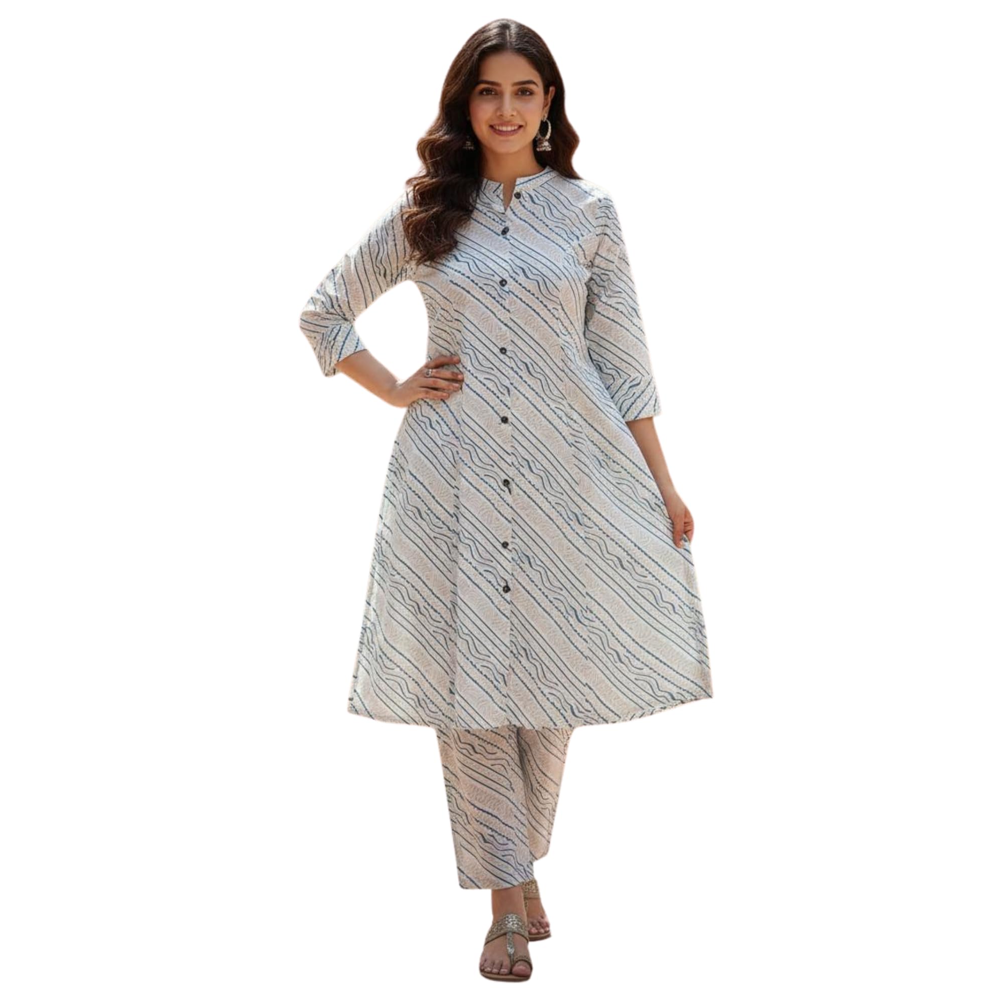 Women White and Blue A-Line Cotton Kurta Pant Set Striped Pattern Button-Down Kurti for Office and Professional Wear-picture-40