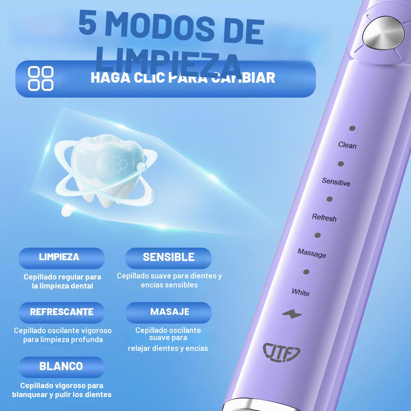 JTF Cepillo de Dientes Electricos Sónico Adultos, 6 Cabezales y IPX7, 40000 VPM y 5 Modos, Sensor de Presión y Temporizador de Cepillado Ultrasónicos para Mujer Hombres Electric Toothbrush con Estuche