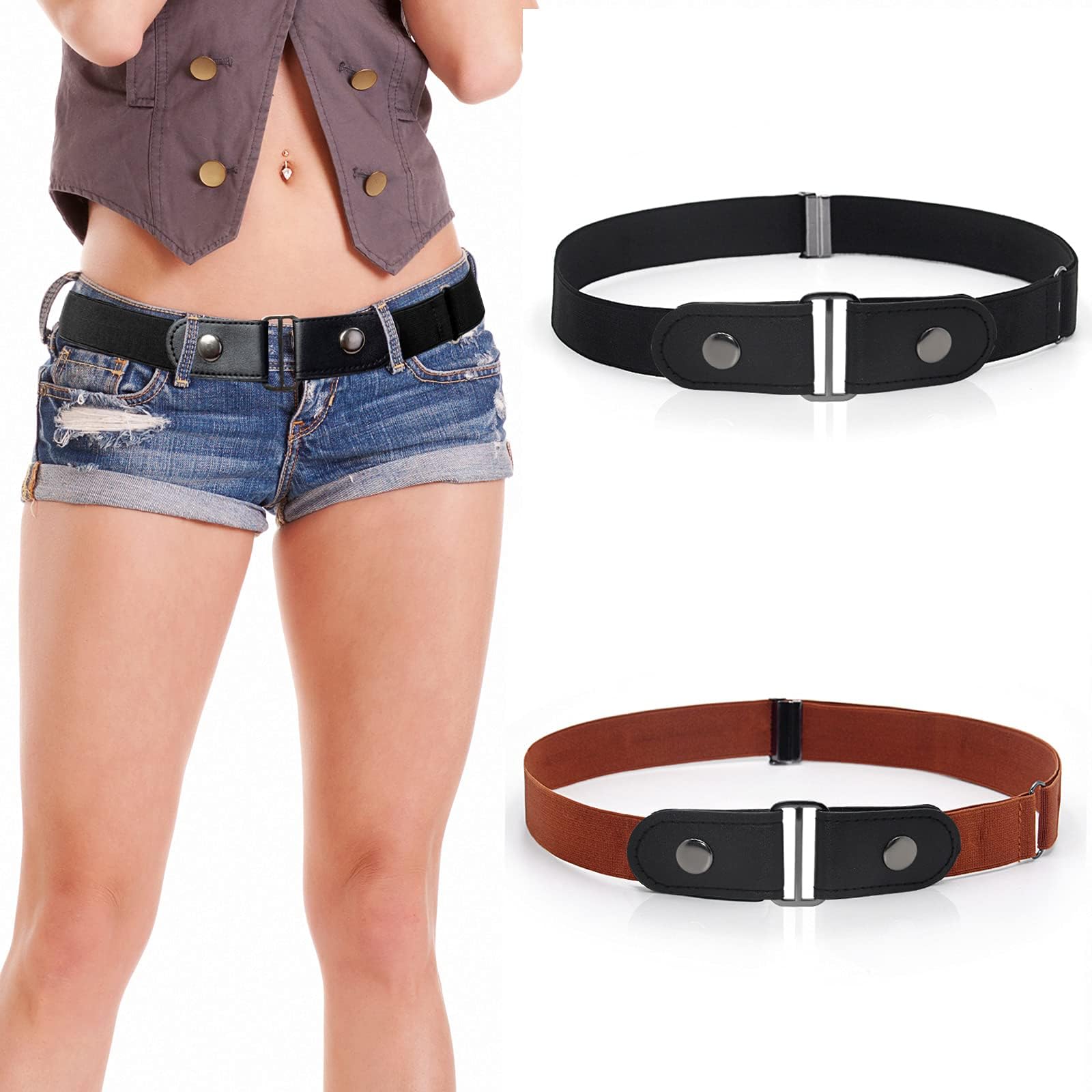 Clokelai Women's Brown Pack Of 2 Elastic Belts, Invisible Belt For Belt, Without Buckle, Unisex, No Buckle, Buckless Belt, Men's Adjustable Elastic For Jeans, Trousers, Dress