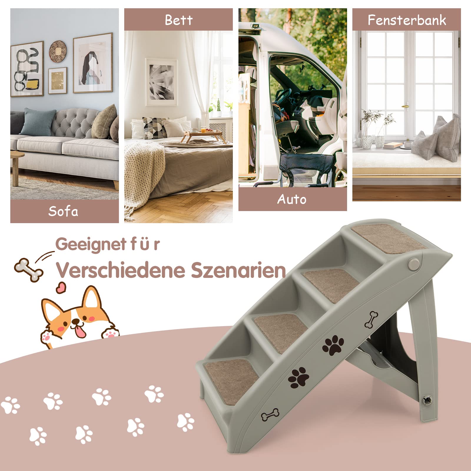 GOPLUS Escalera Plegable para Mascotas con 4 Peldaños, Escalera para Perros de Plástico, Rampa para Mascotas Portátil con Superficie Antideslizante, para Cama Sofá Coche, Carga Máxima 60KG, Gris