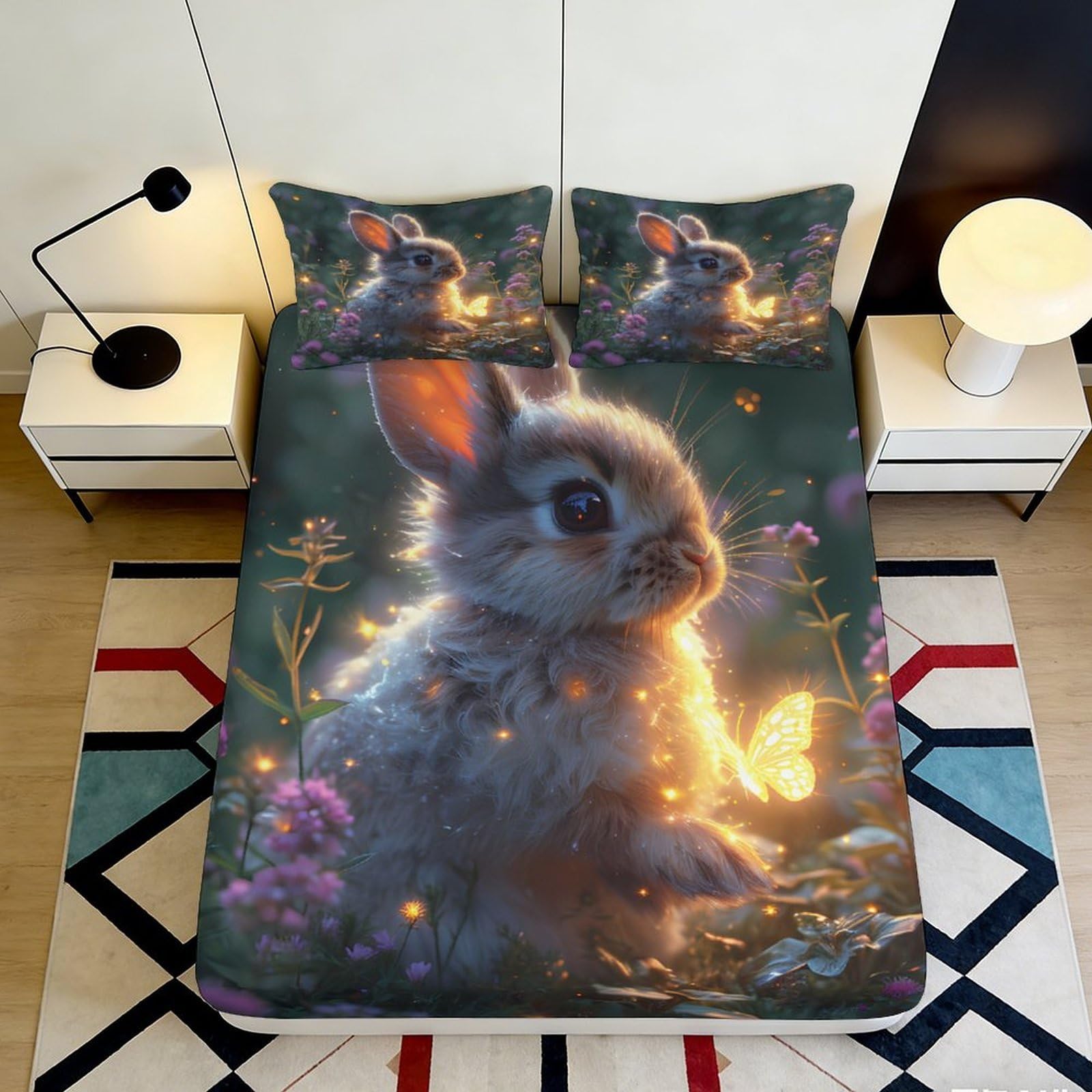 3D Printed Bunny Garden Fitted Sheet Microfiber Soft Decorative Rabbit Bed Cover for Bedroom Dorm Guest Room Protection Decor 90x200x25cm