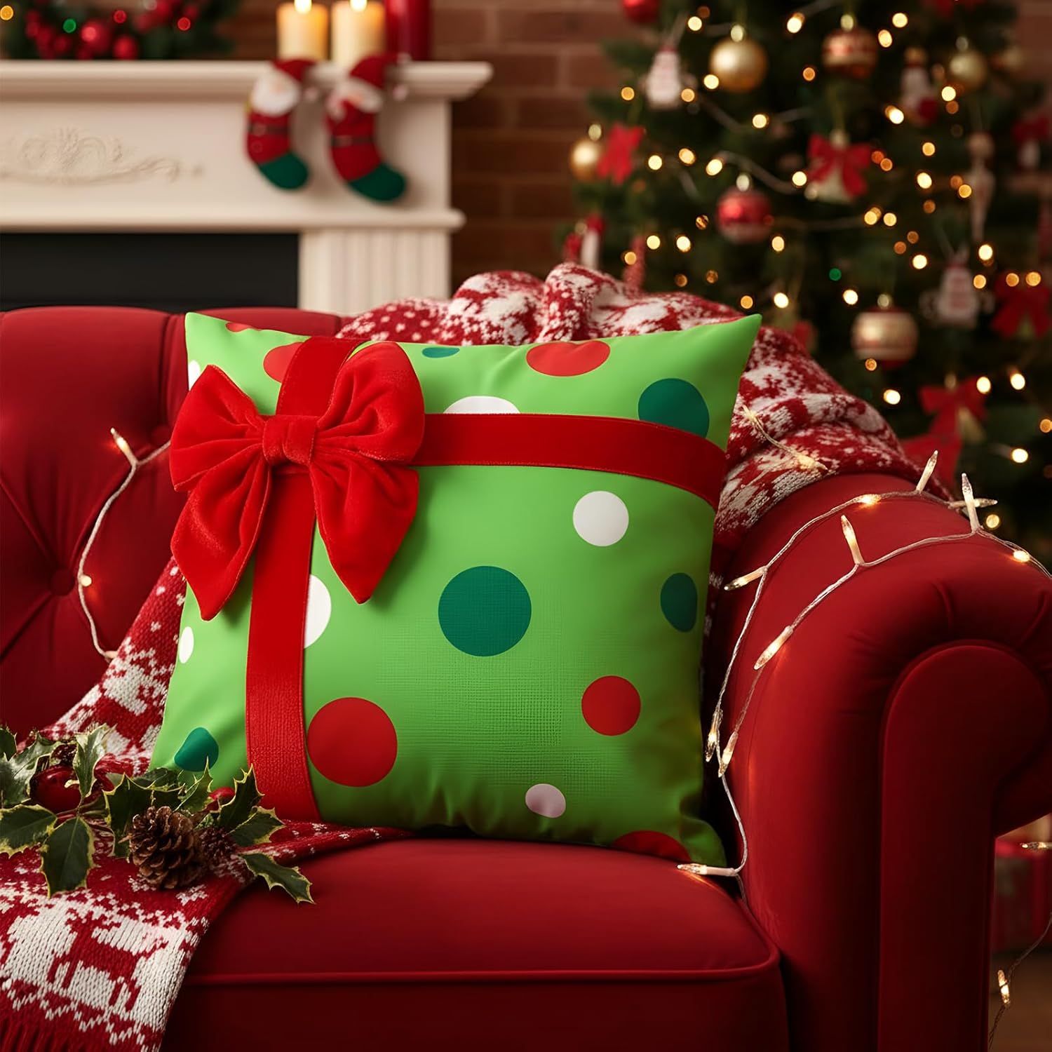 Breling 4 Set Christmas Pillow Covers 3D Bows Gift Box Pillow Cases 18 x 18 Inch Red Green Stripe Dot Xmas Winter Cushion Cases for Christmas Home Chair Bed Sofa Cushion Decor