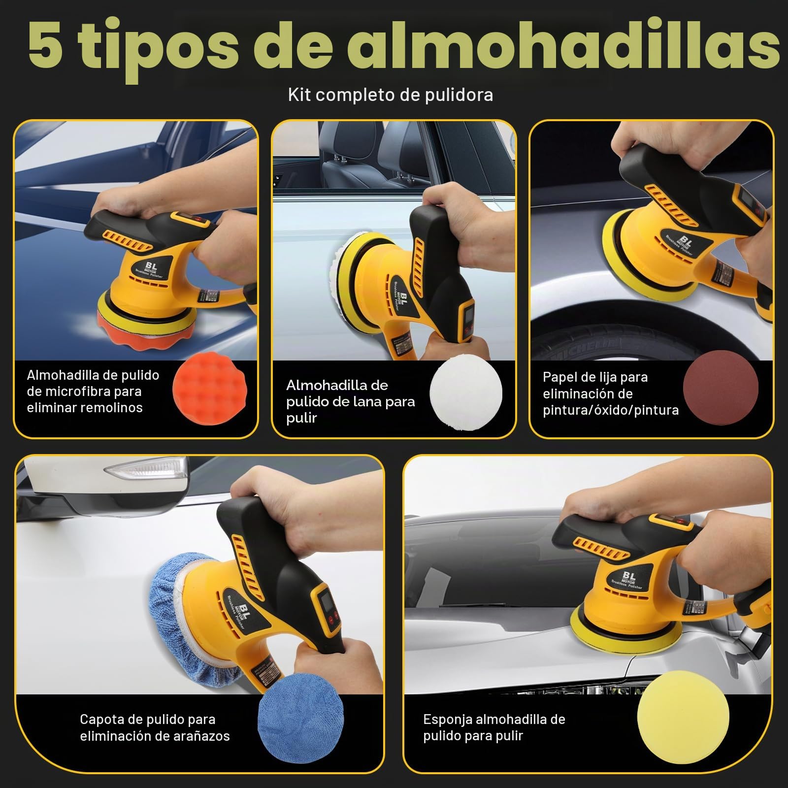 WingFly Pulidora de Búfer Inalámbrica Compatible con Dewalt 18 V, 20 V | Pulidora de Búfer de coche con Accesorios adicionales, 6 Velocidades variables 5200 RPM