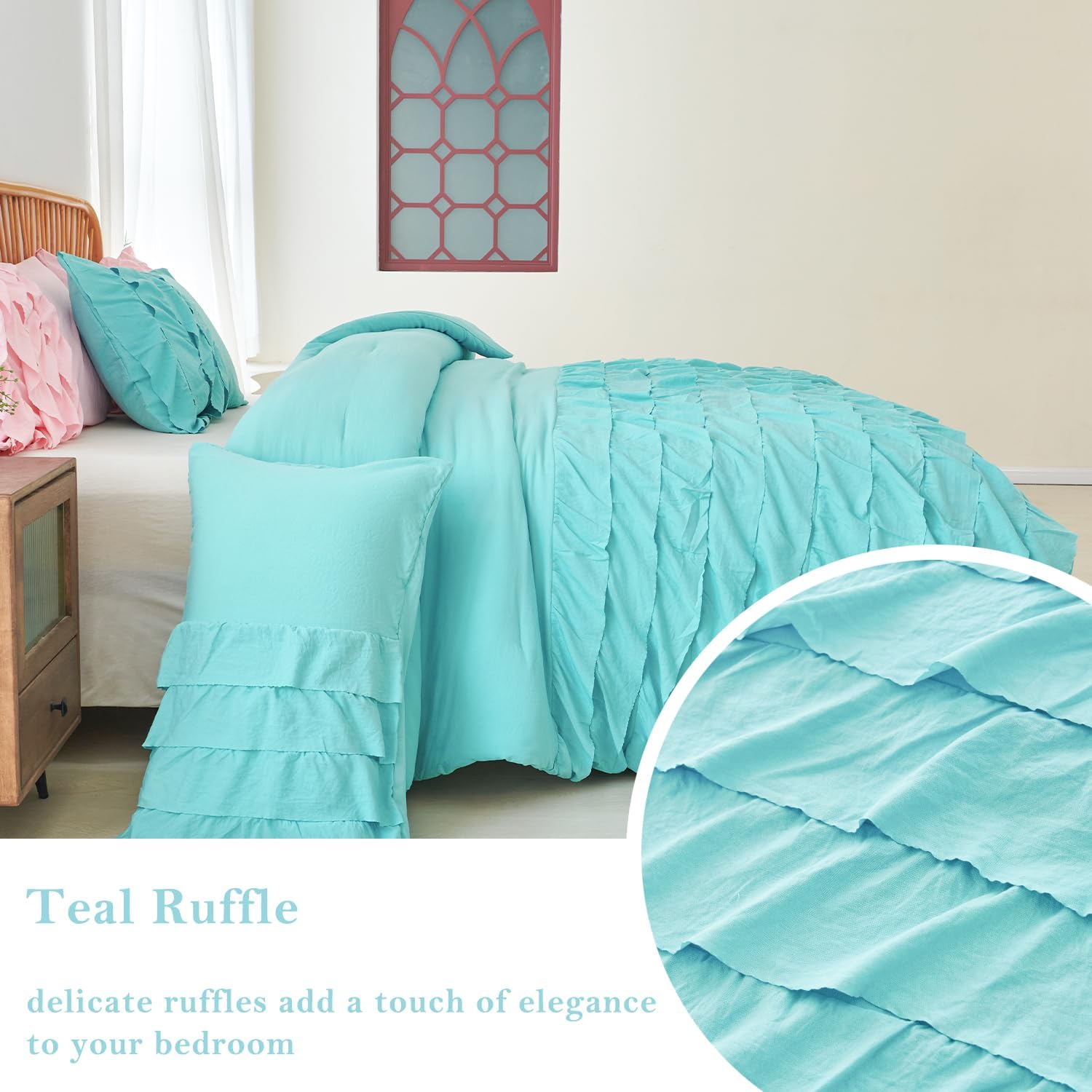PERFEMET Teal Bedding Comforter Sets, 3 Pieces Multi Layers Ruffle Bedding Set Queen Size, Washed Microfiber Boho Comforter Set for Teens Girls Women (Teal,Queen) - Image 4