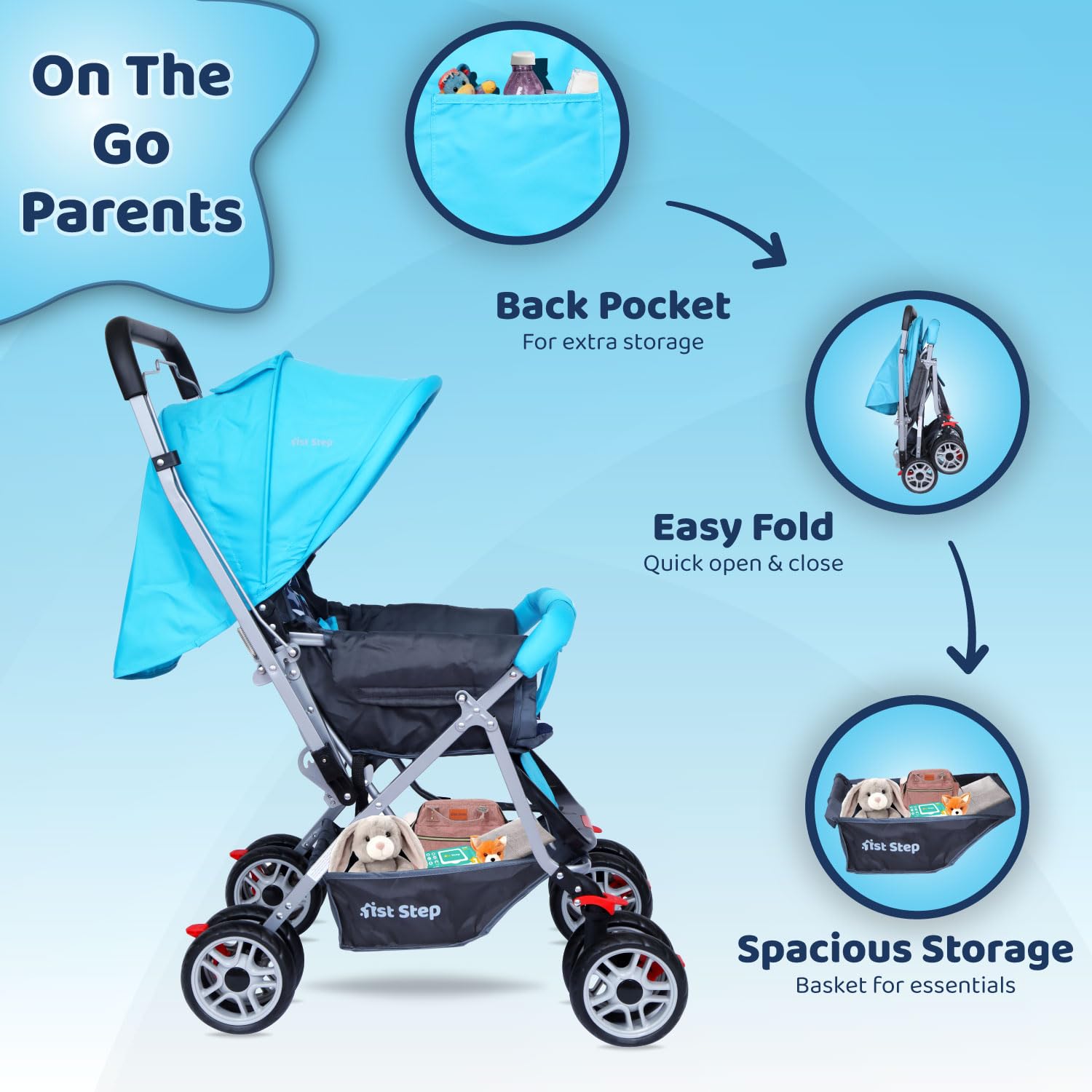 1st Step Yoyo Baby Stroller with 5 Point Safety Harness and Reversible Handlebar Stroller for Baby|360° Swivel Wheel|Large Storage Basket|Kids|Infants|New Born of 0 to 3 Years|Capacity 15kg (NBlue) 2
