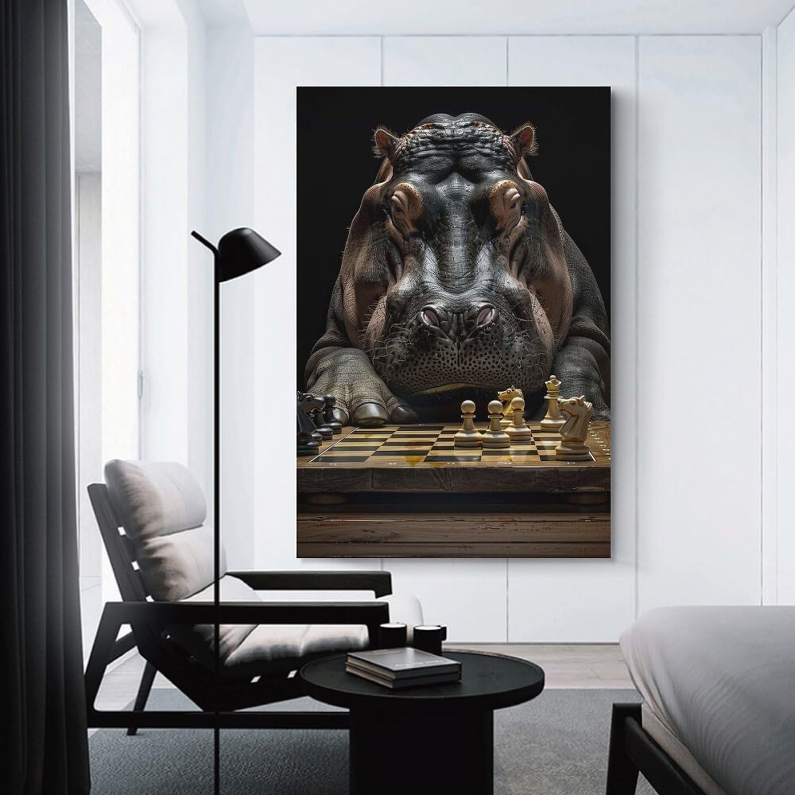 Junmoney Hippopotamus Chess Hanging Wall Art, 24x36inch(60x90cm), for Bedroom Walls, Guest Spaces Or Lounges, An Easy Wall Refresh for Bedrooms