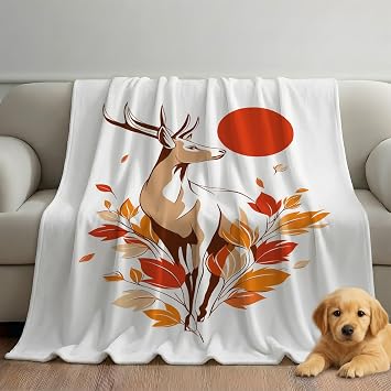 Minimalist Fleece Blanket Cozy Throw Blanket, Soft Warm Plush Blanket with Intricate Frame Design for Home Decor White Red Elegant Delicate Deer Gifts for Adults and Teens 60" x 80"