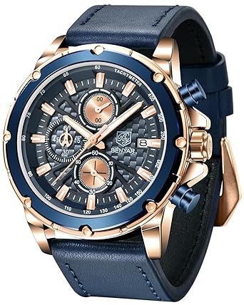 BENYAR Wrist Watches for Men Quartz Movement Leather Strap Analog Chronograph Fashion Business Sport Design Mens Watch 30M Waterproof Stylish Elegant Gifts for Men