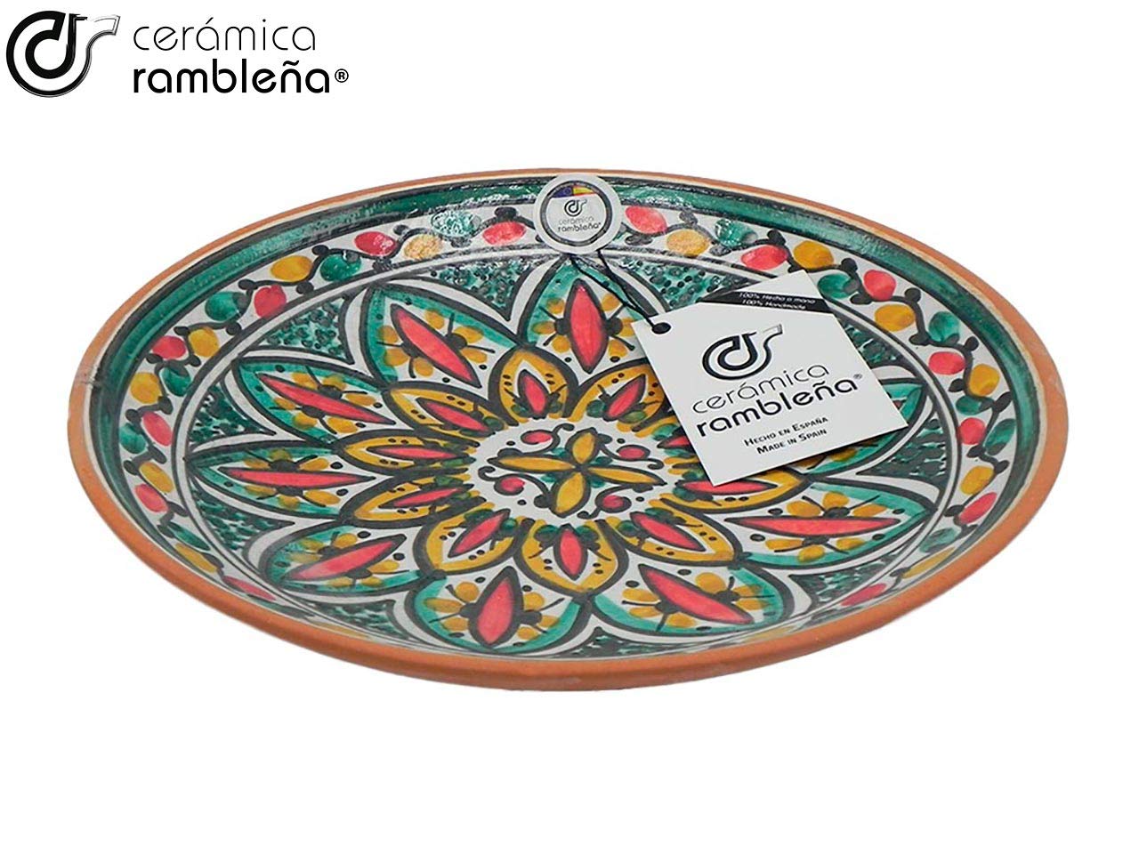 CERÁMICA RAMBLEÑA | Plato Decorativo para Colgar en Pared | Plato de cerámica | Rojo-Verde-Amarillo | 100% Hecho a Mano | 21x21x4 cm