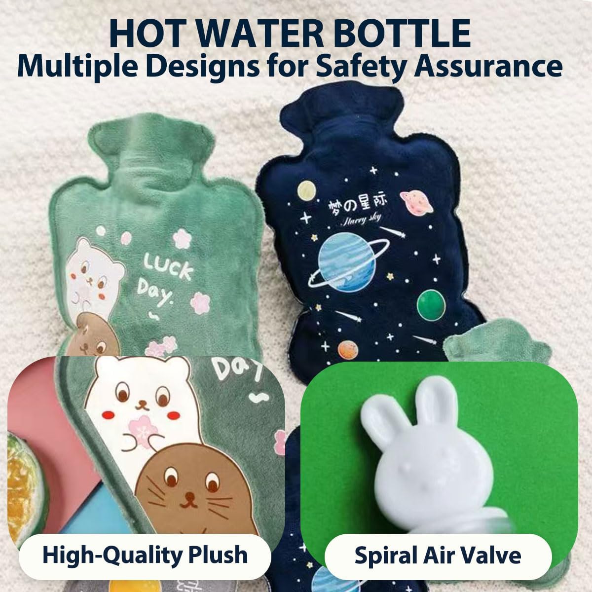 500ML Hot Water Bottle, Mini Hot Water Bag for Hot Compress, Cute Soft Fluffy Hot Bag for Pain Relief, Menstrual Cramps, Neck Shoulder, Hot Water Hand Warmer for Kids & Adults (4 Patterned Set)
