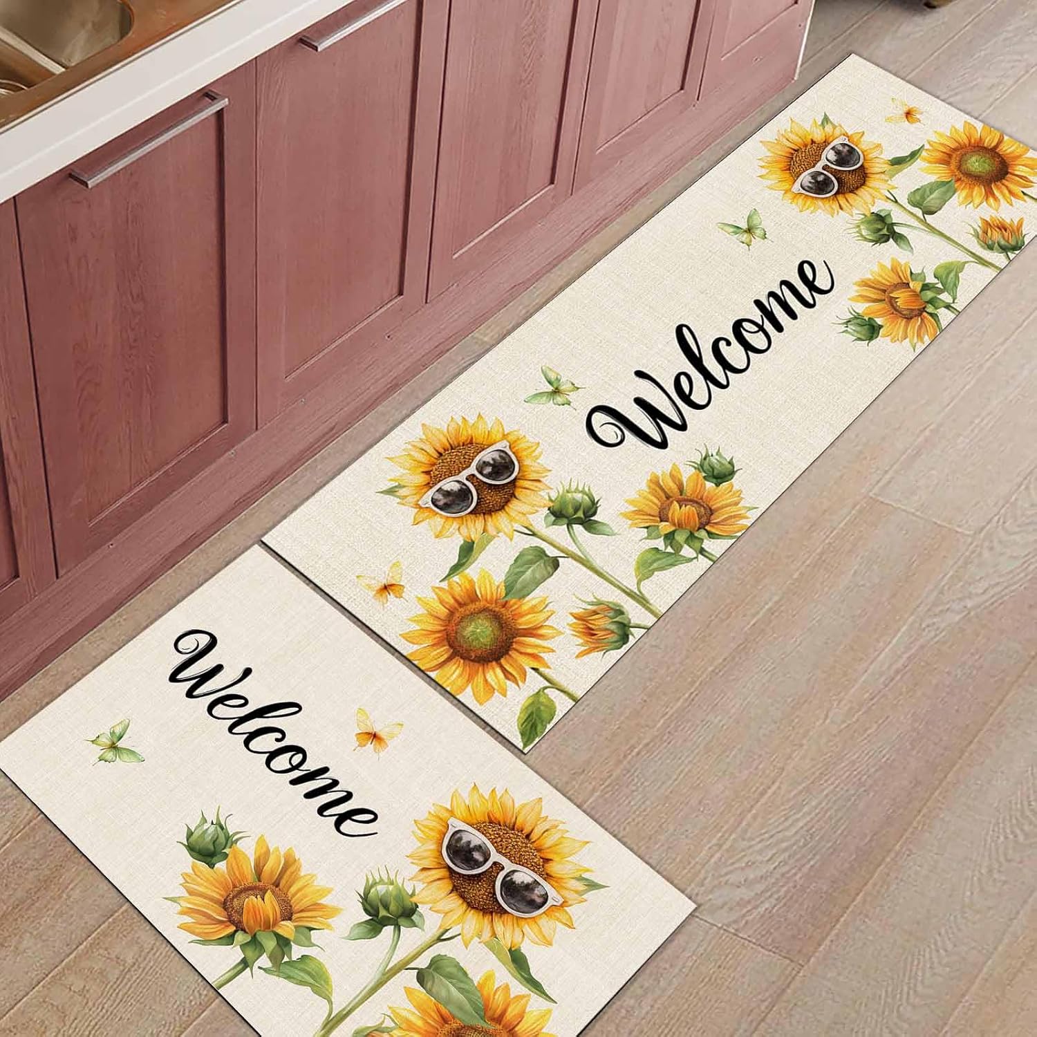 2 Pieces Kitchen Rugs and Mats,Vintage Linen Sunflower Butterfly Area Runner Rug Set Non Slip Floor Doormat Washable Carpet Standing Mat for Kitchen Sink Indoor Corridor,Summer Farmhouse Theme
