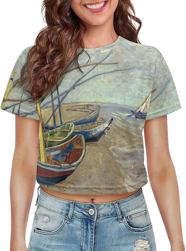 Women's Van Gogh Art Print Short Sleeve Crop Tops Cropped T-Shirts Summer Tops
