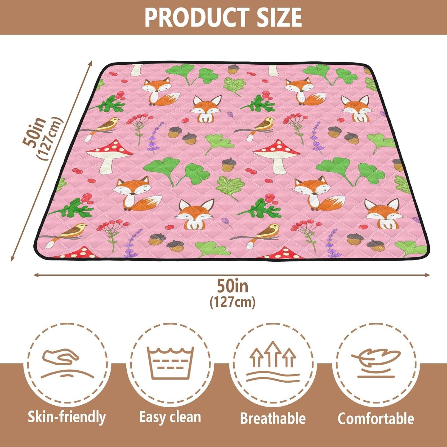Doodle Acorns & Foxes Baby Play Mat, 50“ X 50” Washable Folding Crawling Mat, Baby Floor Mat, Soft, Non-Slip