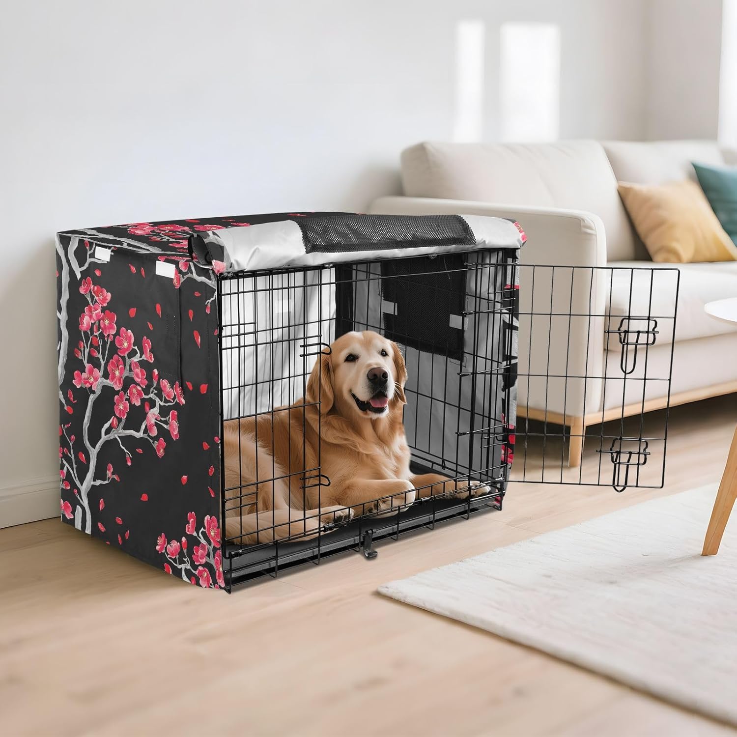 Red Flowers Gray Branches Black Dog Crate Cover Water-Resistant, S-XL Breathable Covers for Pet Cages, Large