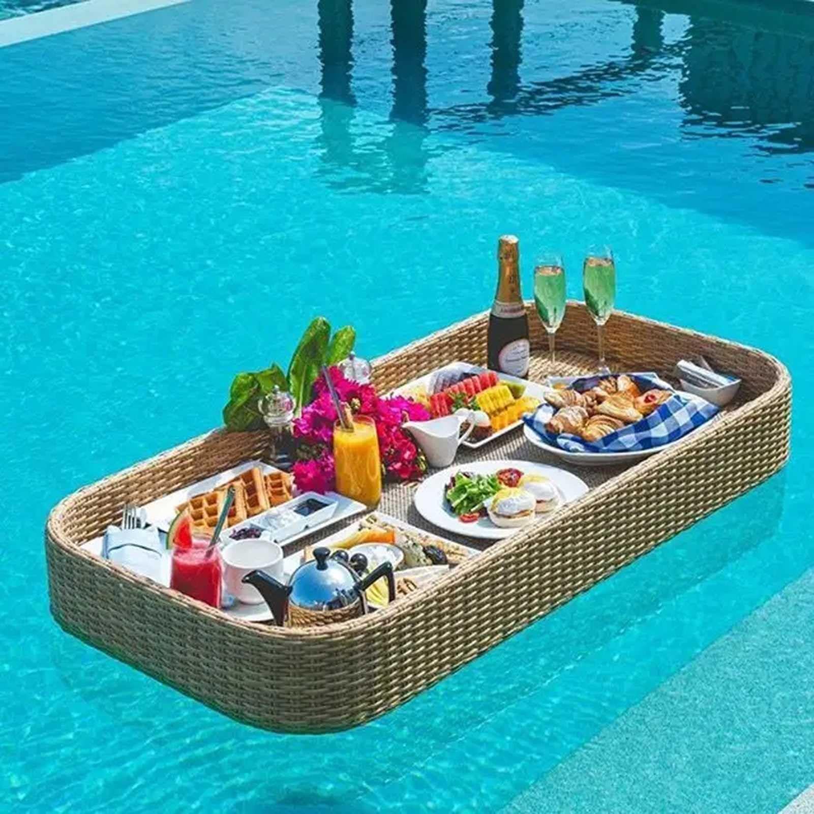 Luxury Floating Serving Tray Pool Tray Table, Rectangle Rattan Floating Tray, Coffee Floating Food Tray For Pool, Floating Serving Tray, Floating Breakfast Tray