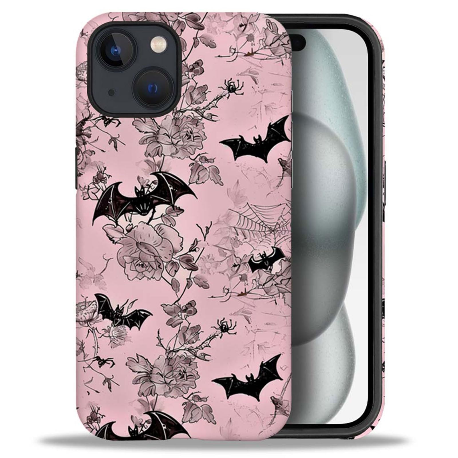 Goodsprout Case Compatible with iPhone 15 Plus, Halloween Flowers Bat Spider Girl Hybrid 2-Layer Hard Shell + Silicone Protective Case -
