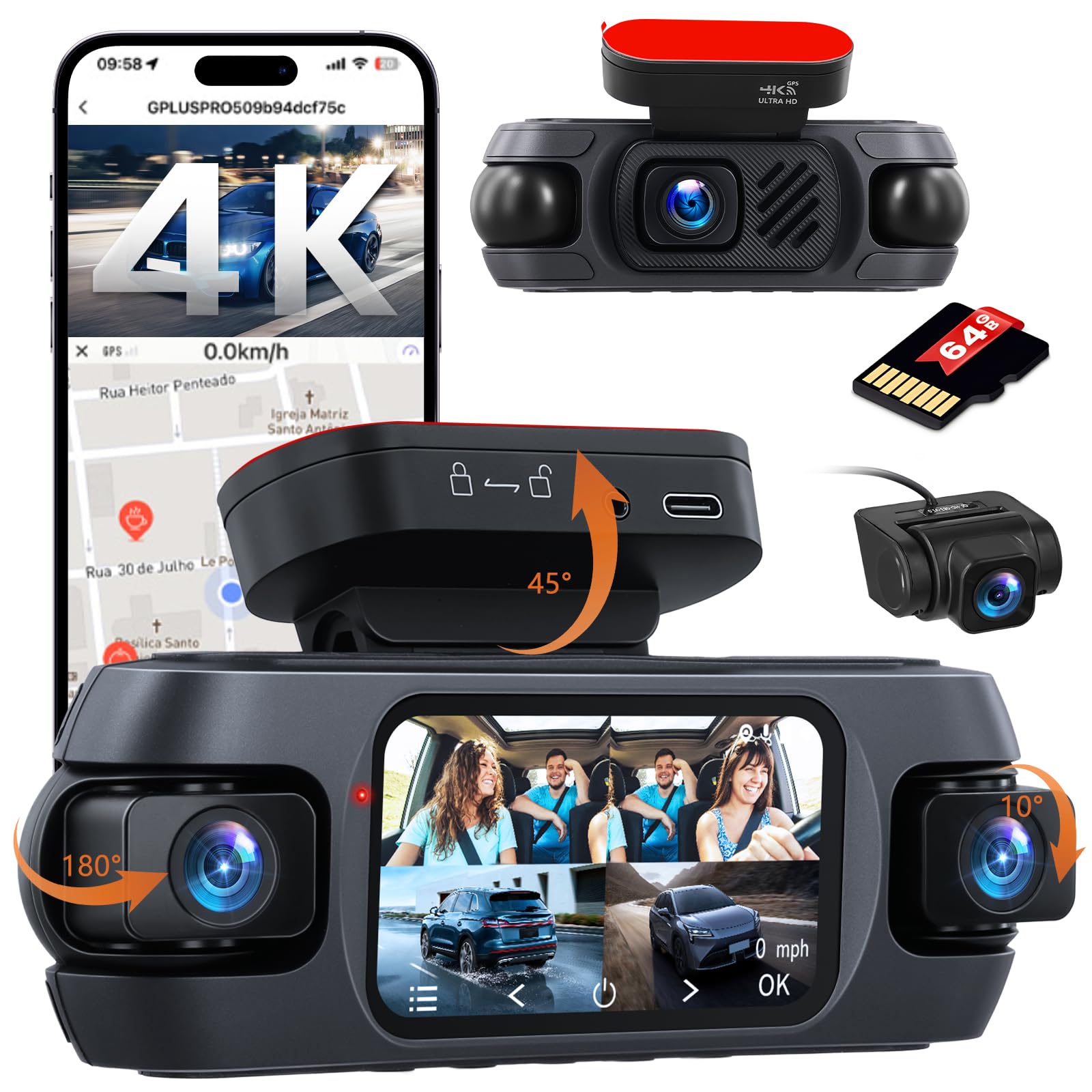 Hikity Cámara de Salpicadero 4K con 4 Canales | Control Wi-Fi y Aplicación, Pantalla IPS de 3'', GPS, Grabación Nocturna y Cámara de Marcha Atrás
