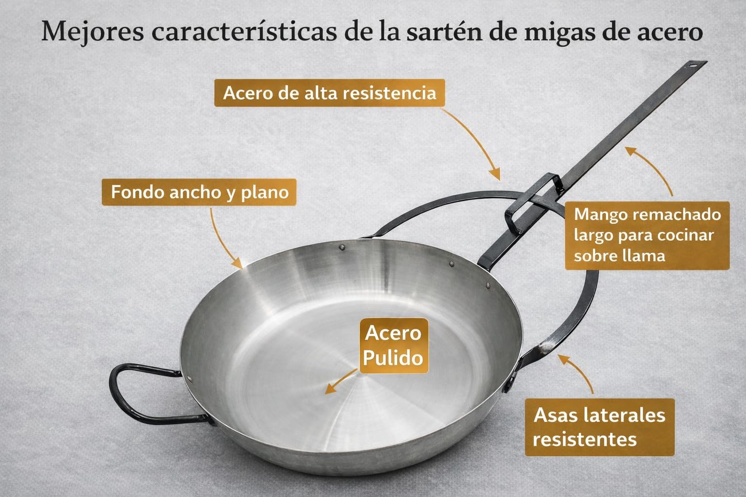 FERRETERIA LEPANTO Sartén para migas, sarten con mango largo, sarten miguera pulida, sartén onda con mango largo (45)