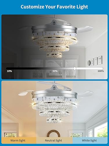 Miniatura 5 de Ventilador de techo de araña de cristal de 42 pulgadas, ventilador retráctil con control remoto y aplicación, luz LED, motor de CC silencioso, 6