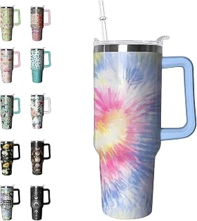 Tie Dye Tumbler Tie Dye Gifts 40 oz Tie-dye Water Bottle for Women Cups Coffee Travel Mug with Handle Leak Proof Insulated Indigo Decor Stuff