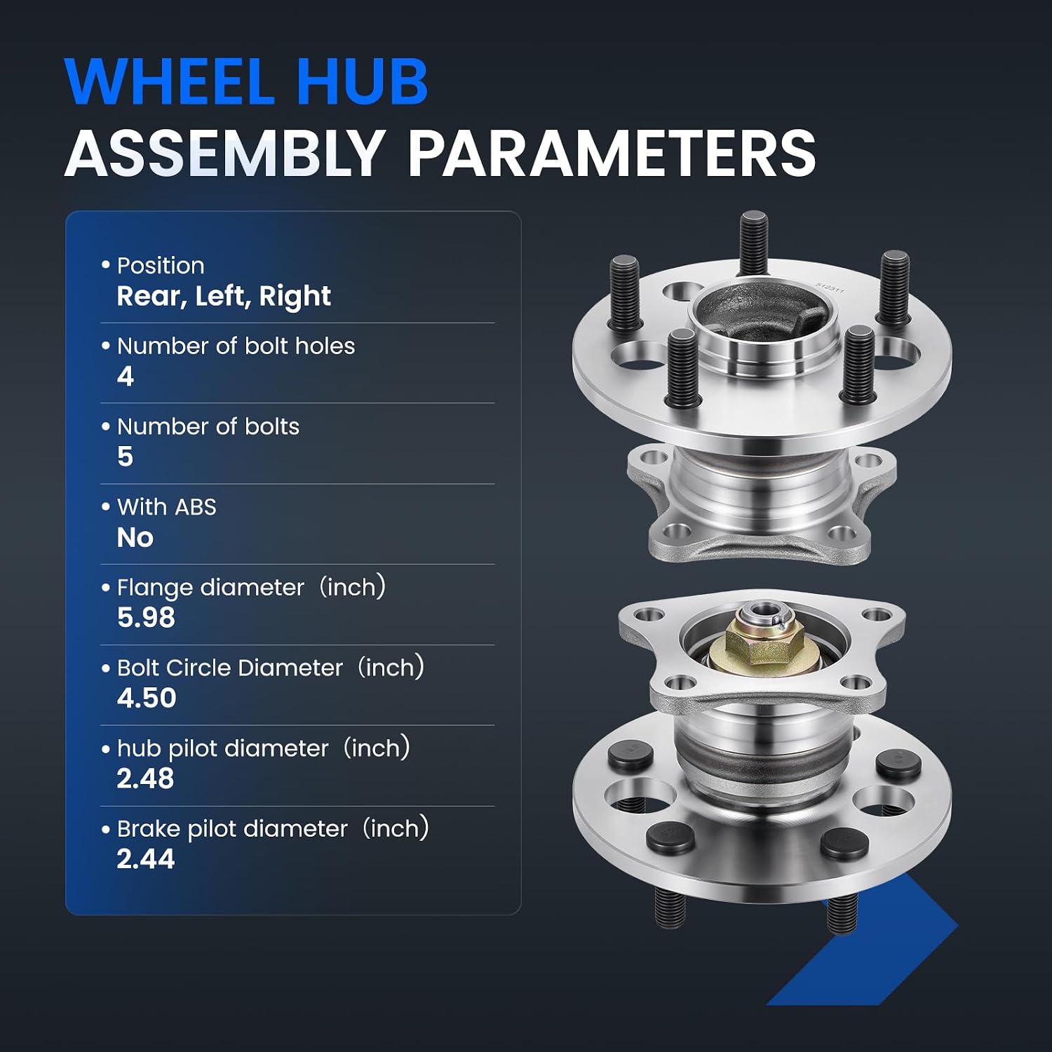 512311 Rear Wheel Bearing and Hub Assembly Compatible with Toyota Solara 2000-2001 2.2L, 2002-2003 2.4L, 2000-2003 3.0L Gas, Fits for FWD Models, 1PCS