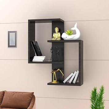 Furniture Café Modern Wooden Wall Mounted Shelf – Intersecting Cube Display Rack for Living Room, Bedroom, and Office Décor (Black)