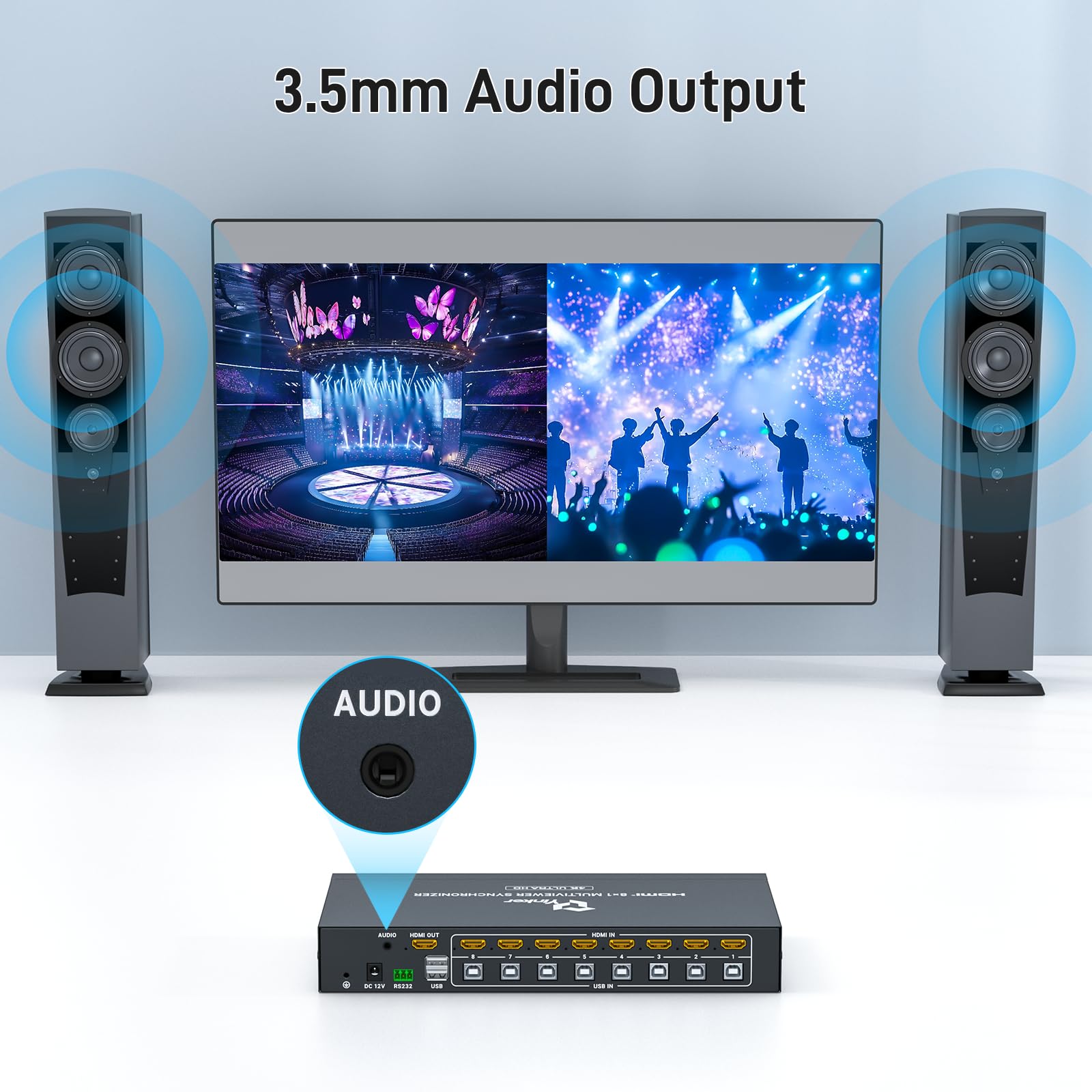 8 Port HDMI KVM Multiviewer, Yinker 8x1 Multiviewer Seamless Switcher unterstützt 4K@30Hz, Pip & POP Tastatur Hotkey Switch 3.5mm Audio Ausgang