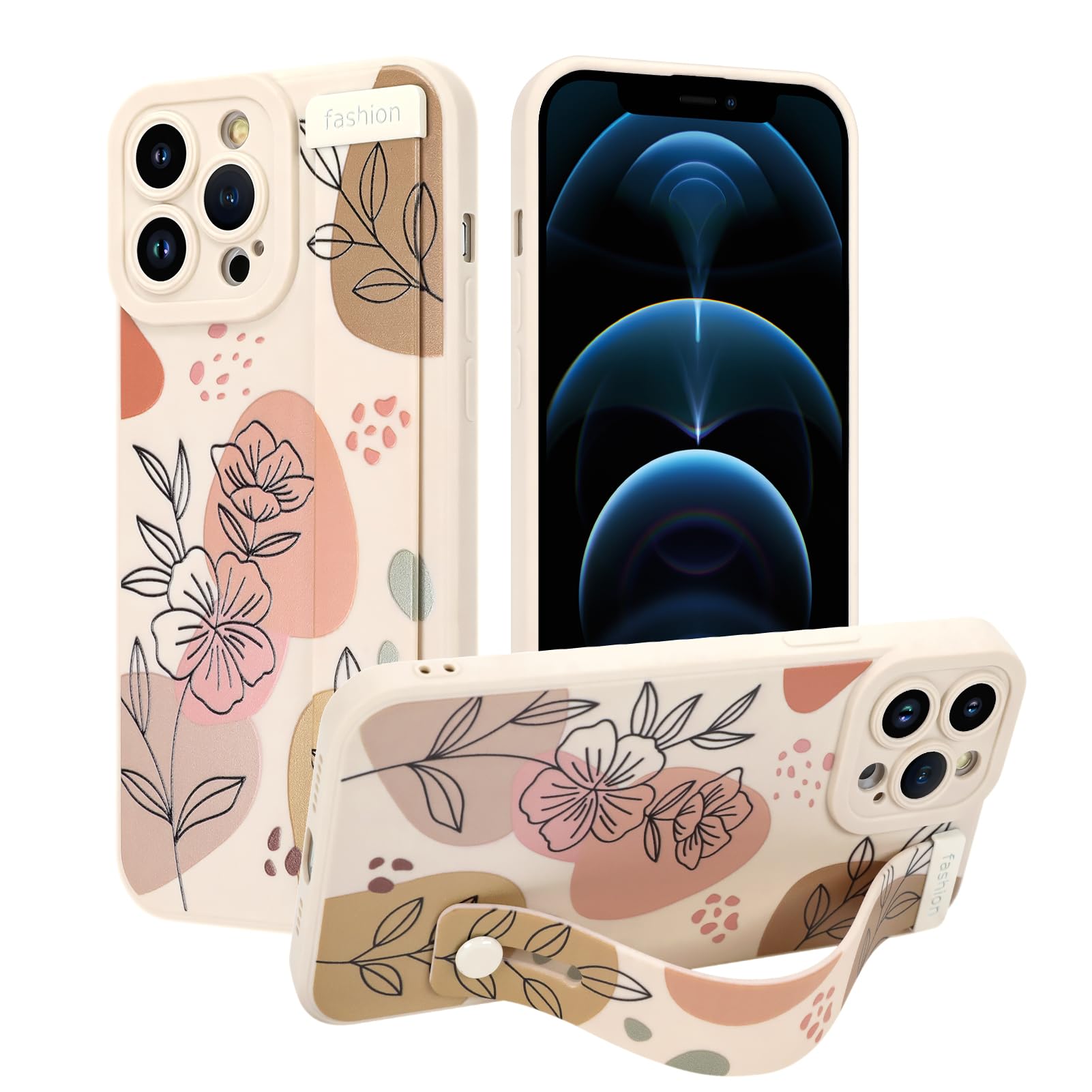 Jefonha Case for iPhone 12 Pro Max Silicone Case with Strap for Women Girls Cute Floral Flowers Pattern Design Adjustable Soft Finger Strap Kickstand