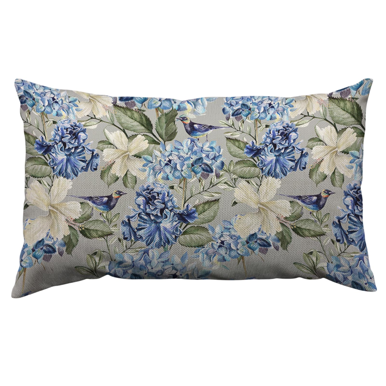 Orythyra Cushion Cover 30x50cm Hydrangea Hibiscus Iris Bird Blue Green Floral Cotton Linen Pillow Cover Decorative Throw Pillows Farmhouse Decor for Home Cushion Case 12 x 20 Inch