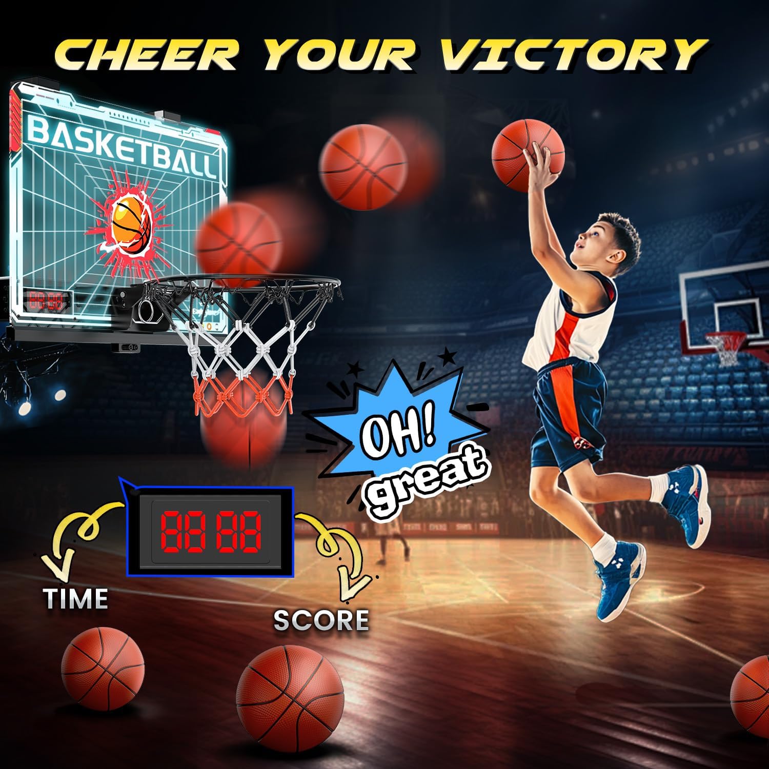 EagleStone Indoor Basketball Hoop for Kids Ages 8-12, Mini Basketball Set with LED Electronic Scoreboard, Remote Control, Wall-Mounted Hoop Toy Gift