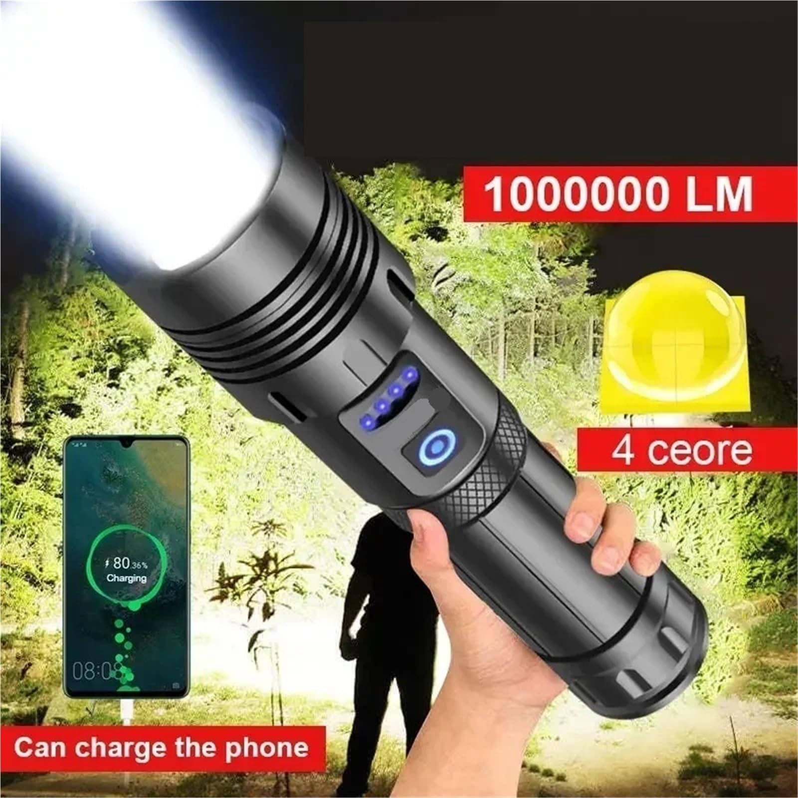 Torcia LED Torcia a LED con luci laterali, torcia ad alta potenza, lampada da campeggio tattica ricaricabile tramite USB,campeggio