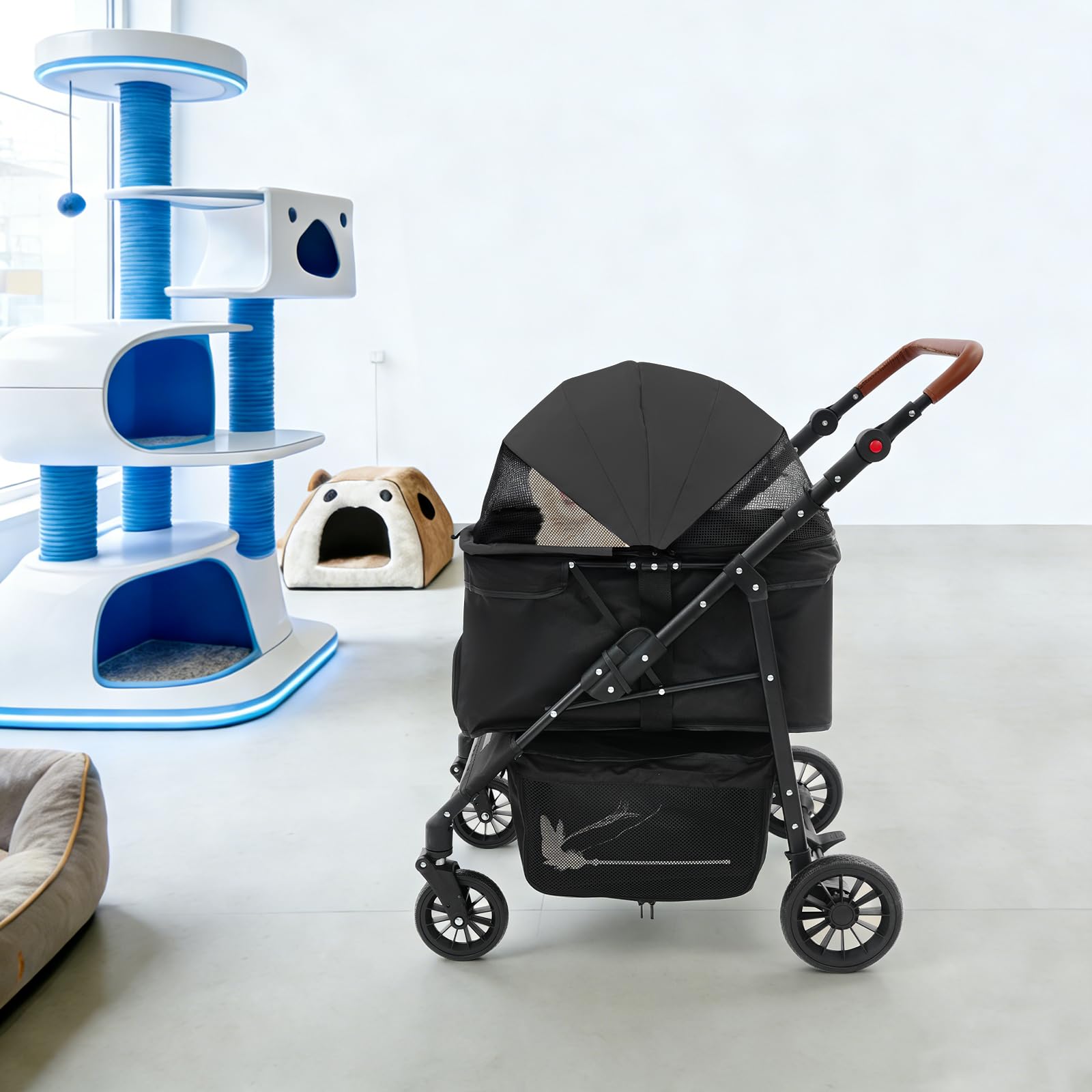 Passeggino Pieghevole a 2 Piani per Animali Domestici per Cani e Gatti in Acciaio al Carbonio & Tessuto Oxford Nero Moderno Carico Max 15kg Ideale per Passeggiate, Visite al Parco ed Escursioni