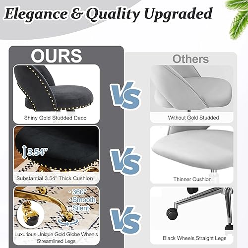 Vista 51 de VINGLI Silla de oficina pequeña de terciopelo moderna, bonita silla de escritorio con ruedas, base dorada/tachuelas, cómoda silla giratoria sin Beige