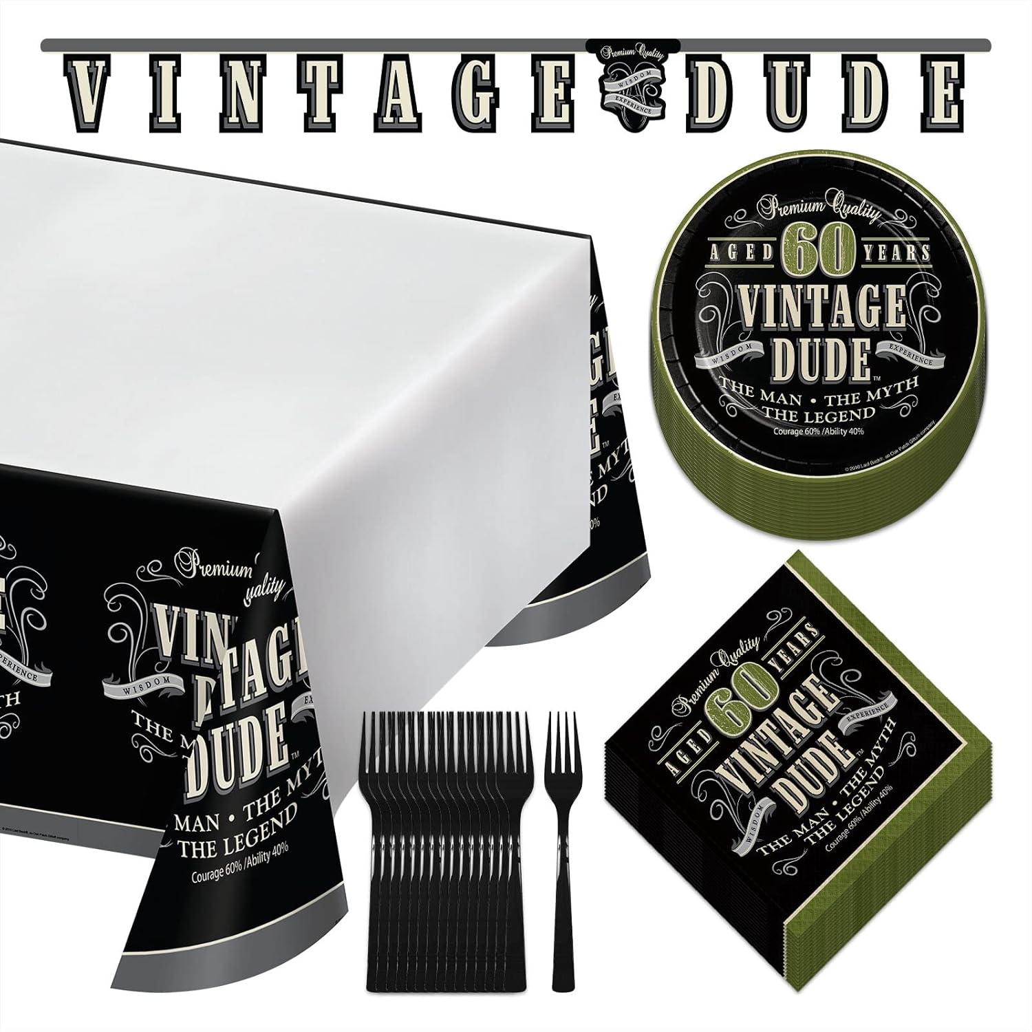 Old Man Vintage Dude 60th Birthday Party Paper Dessert Plates, Napkins, Forks, Table Cover, and Banner Set (Serves 16)