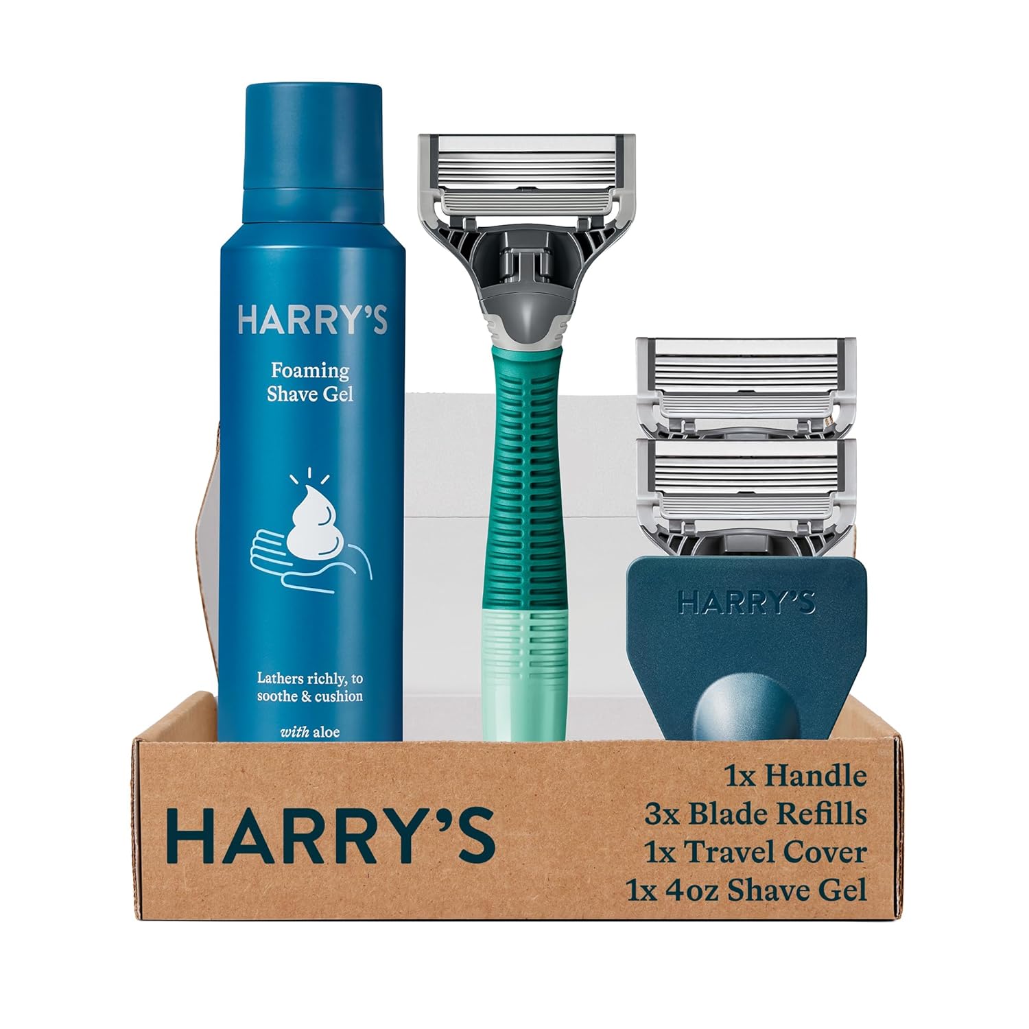 Harry’s Shaving Kit for Men – Razor Handle, 3 Razor Blade Refills, Foaming Shave Gel, and Travel Blade Cover – Sage
