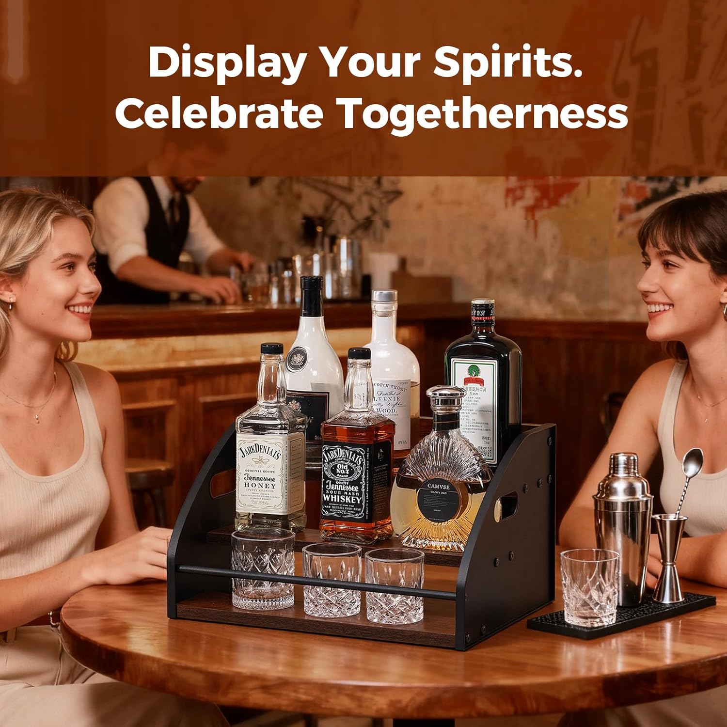 Liquor Bottle Display Shelf, Coffee Syrup Rack Organizer with Metal Hand, 3 Step Countertop Liquor Wine Rack, Mini Bar, Liquor Cabinet, Home Retro Bar Shelf Stand for Liquor Whiskey, Bourbon, Spirits