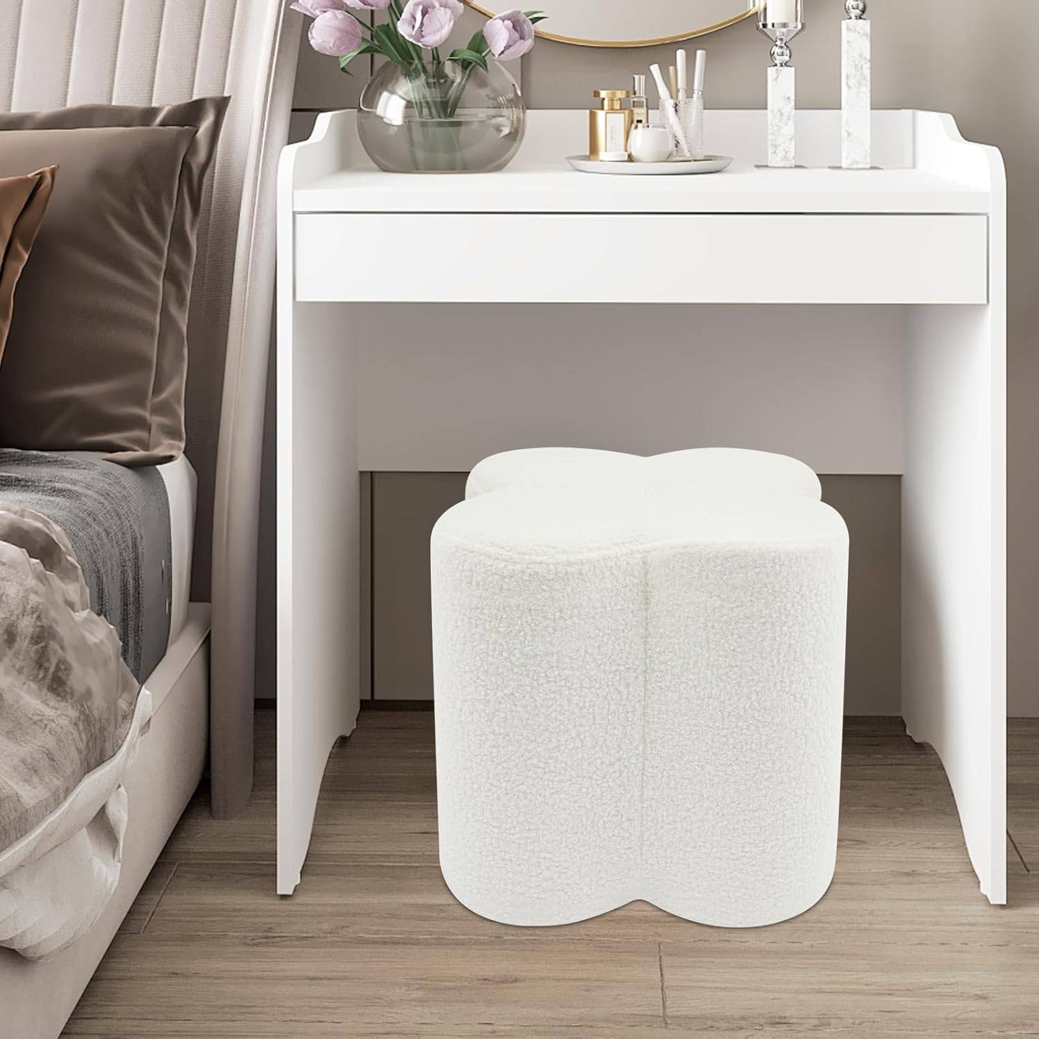 Eapmic Pouf Ottoman, Flower Footrest Vanity Stool, 14.96"x15.74" Footstool Ottomans, Decorative Floor Poufs Foot Rest for Couch Bedroom Living Room Makeup Room Entryway (White)